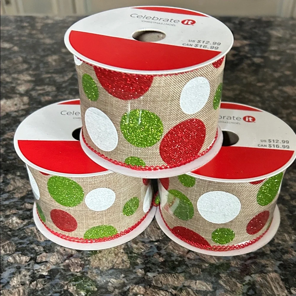 CELEBRATE IT GLITTER POLKADOT WIRED RIBBON 2.5 x20 FT LOT OF 3 NWT